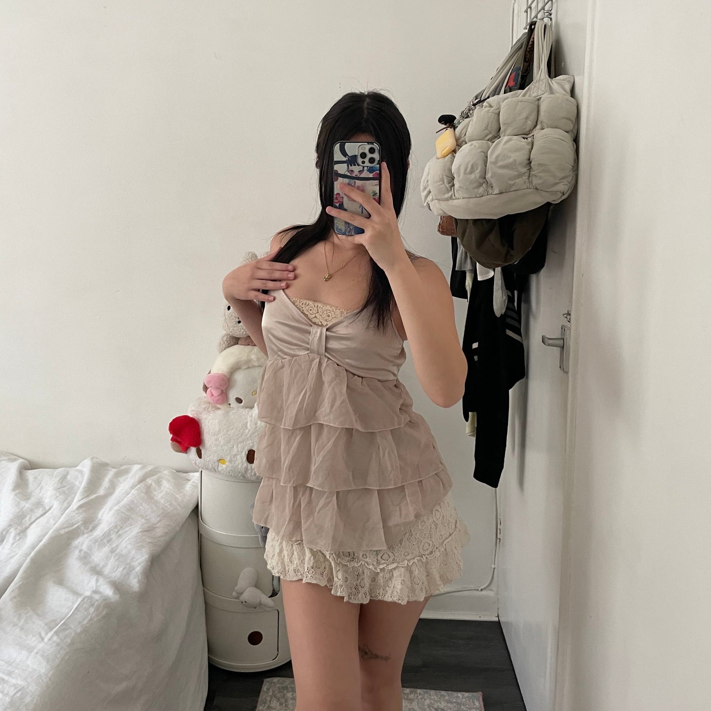 reormix taupe satin tiered tulle babydoll camisole