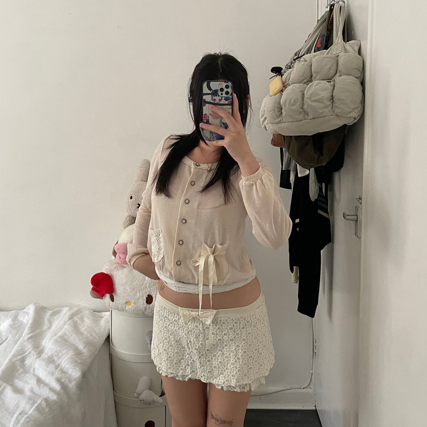 cottage dolly ribbon cream lacey mini skirt with built in shorts