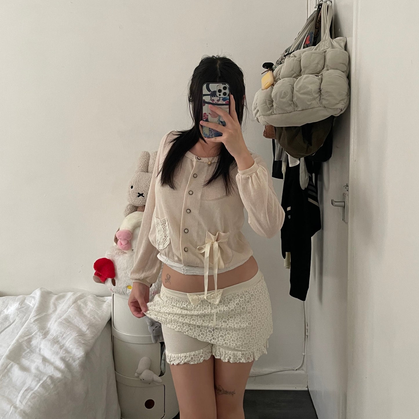 cottage dolly ribbon cream lacey mini skirt with built in shorts