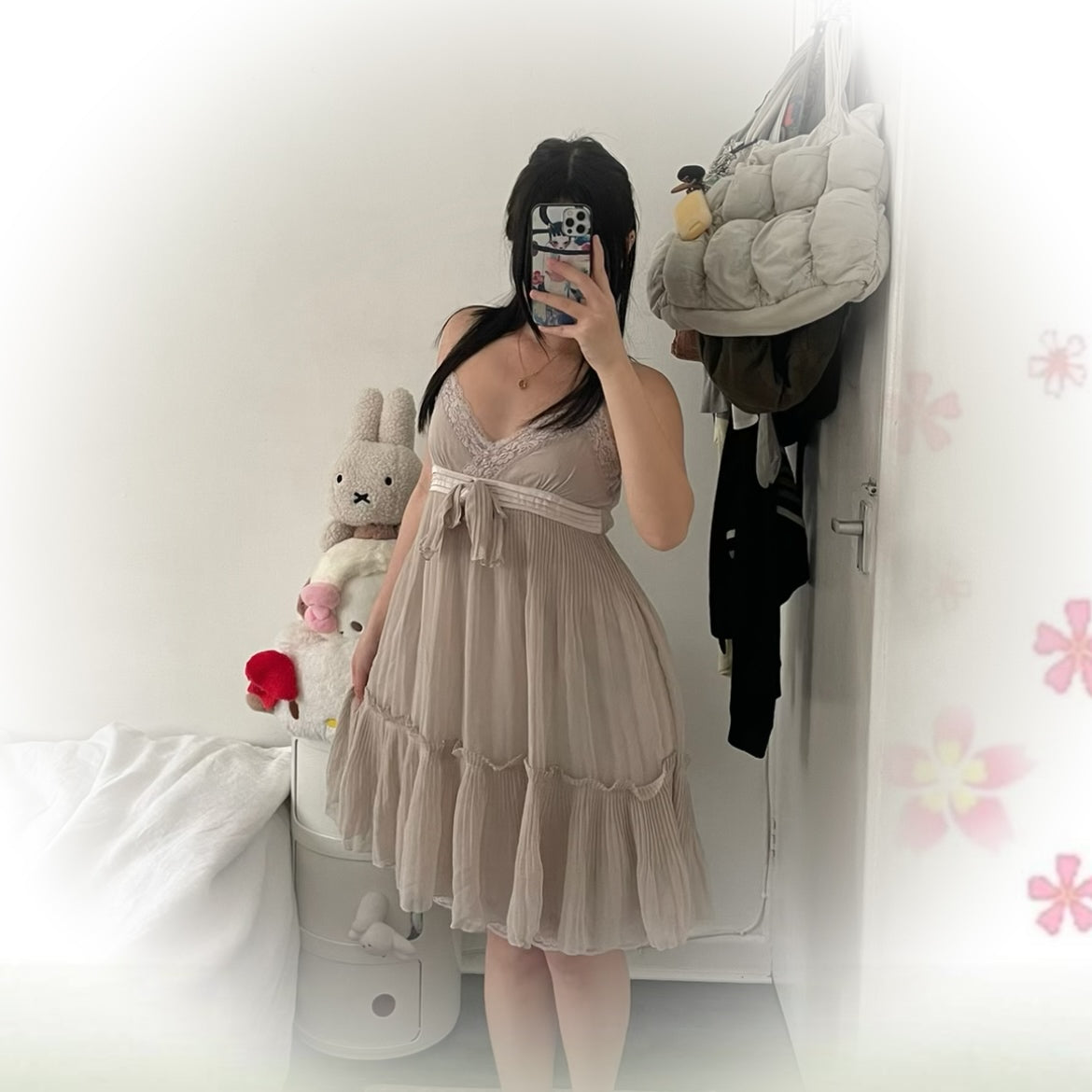 romantic greige axes femmes lacey pleated midi dress