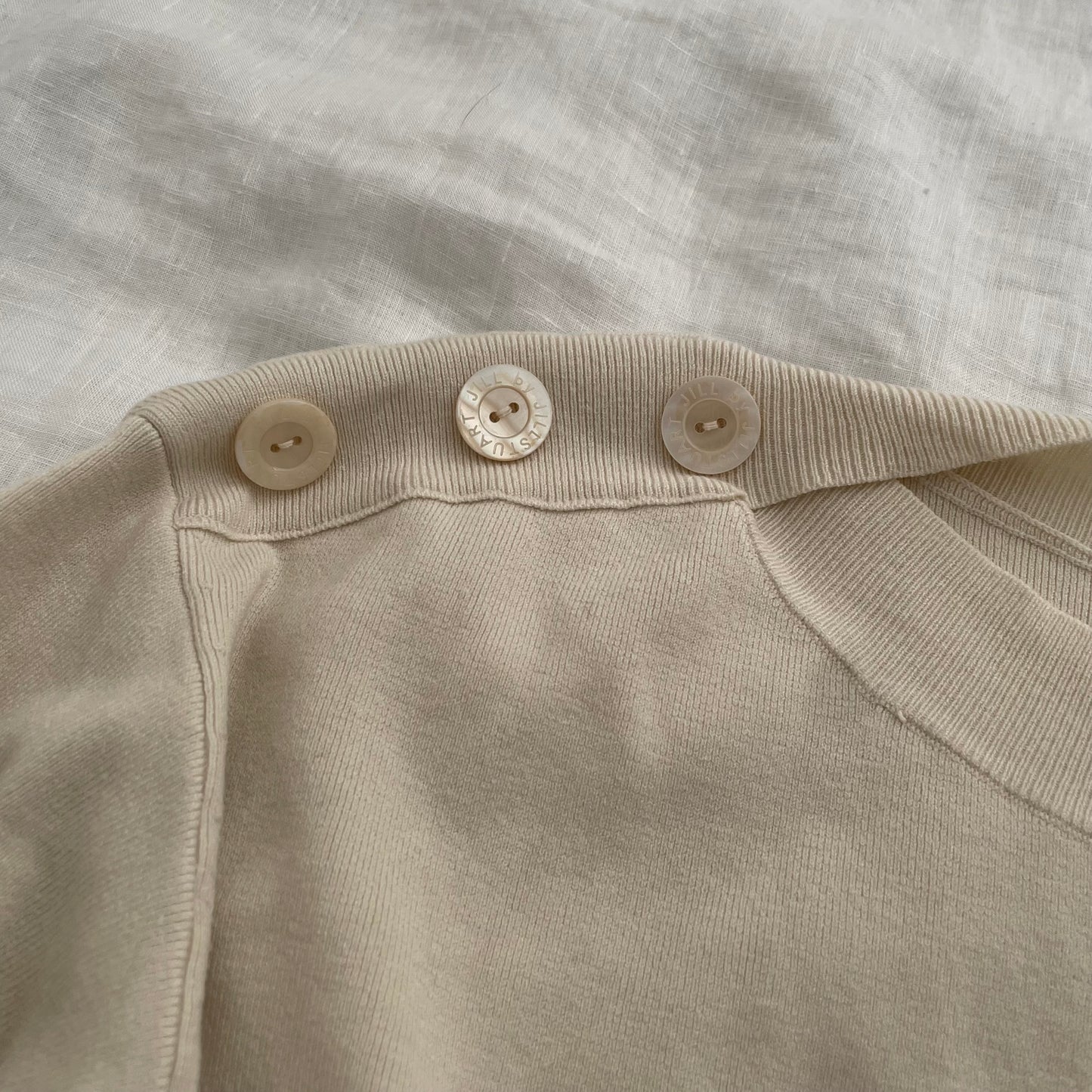 jill stuart off white ivory utility button shoulder wide neck jumper
