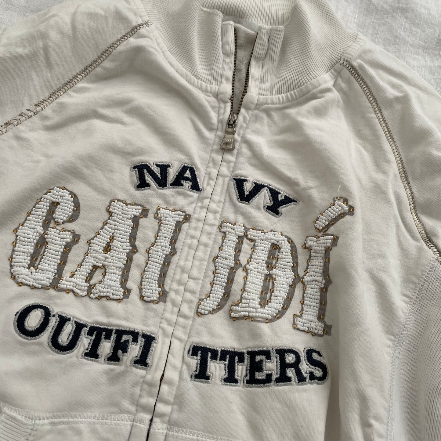 vintage gaudi white long sleeve zip jacket with beaded embroidery text