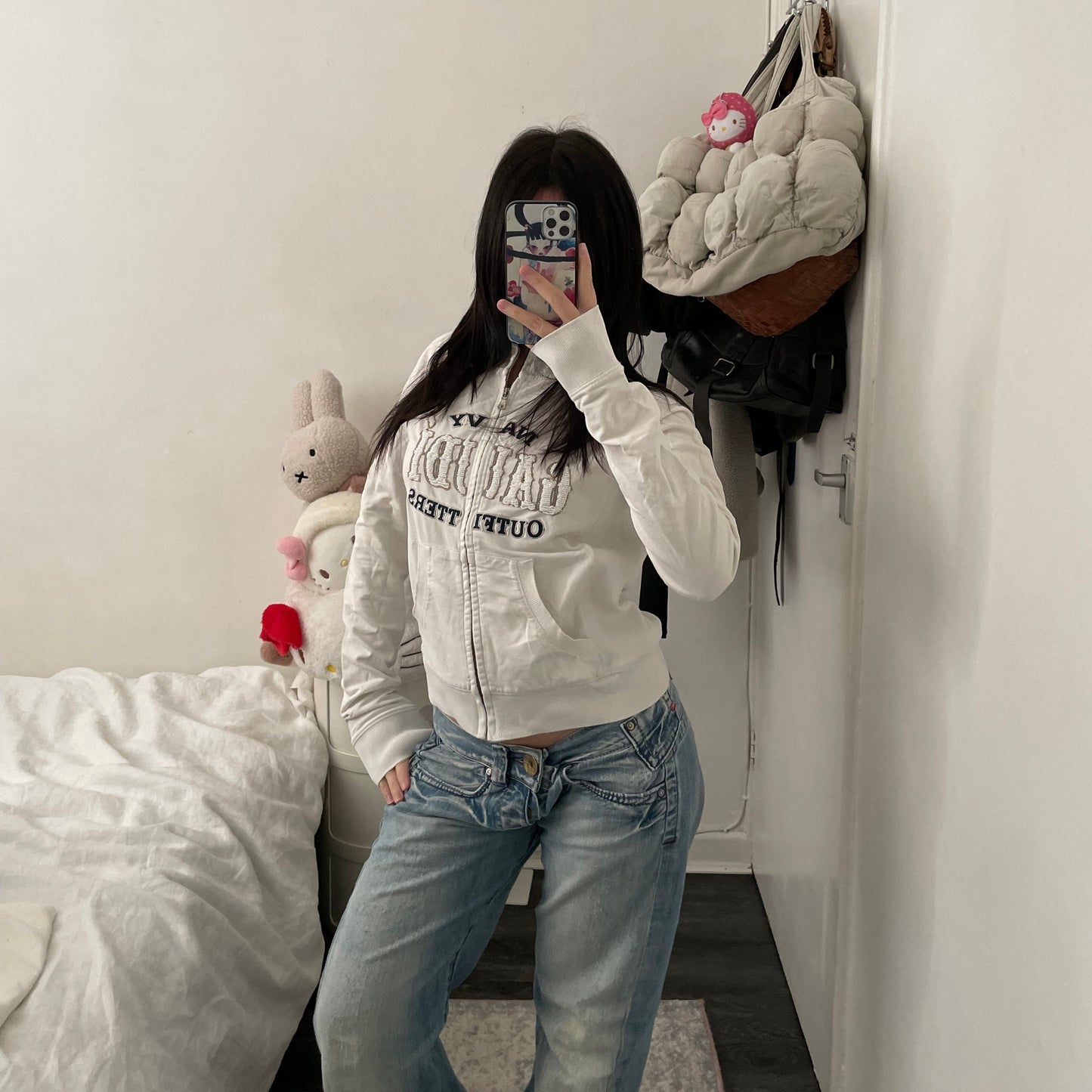 vintage gaudi white long sleeve zip jacket with beaded embroidery text