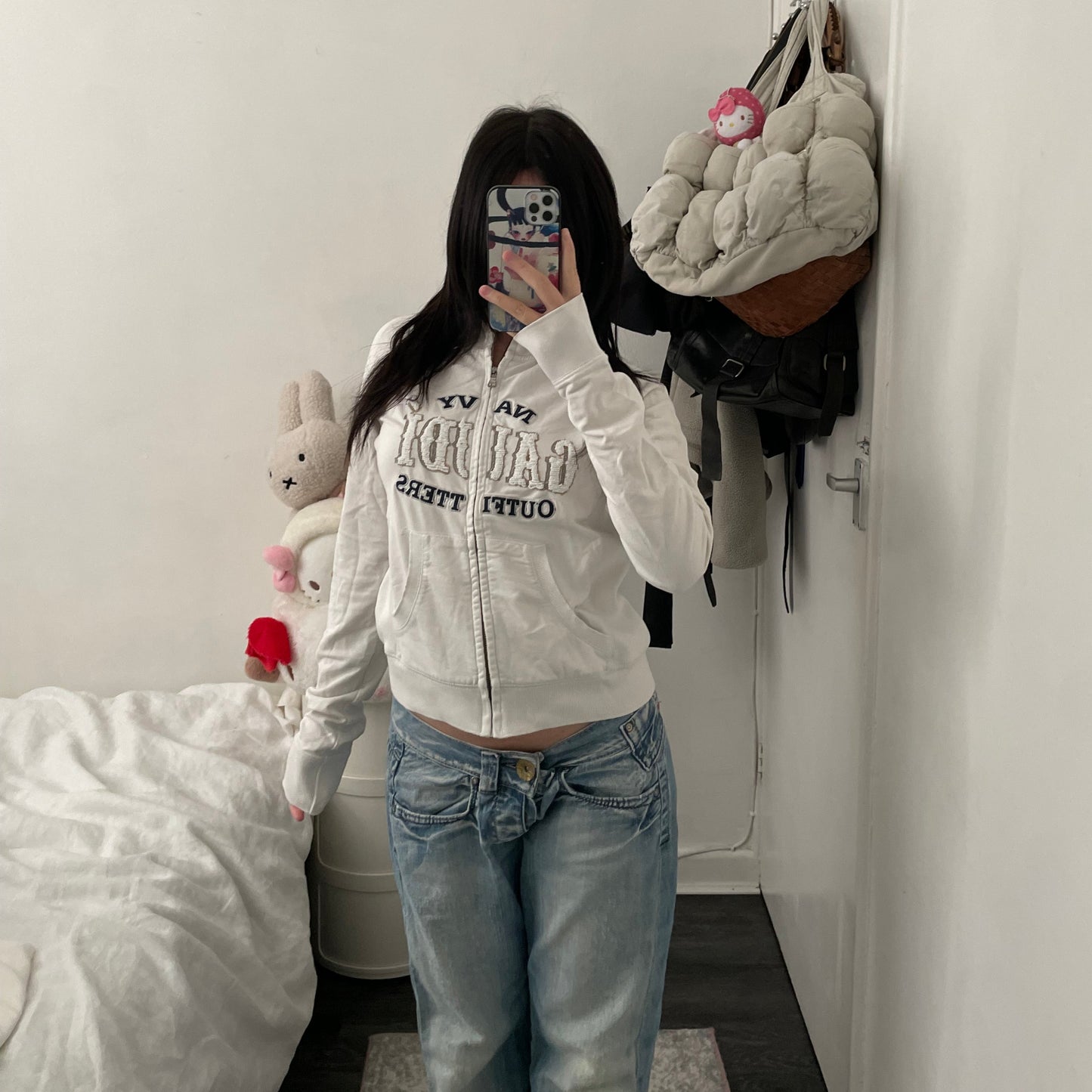 vintage gaudi white long sleeve zip jacket with beaded embroidery text