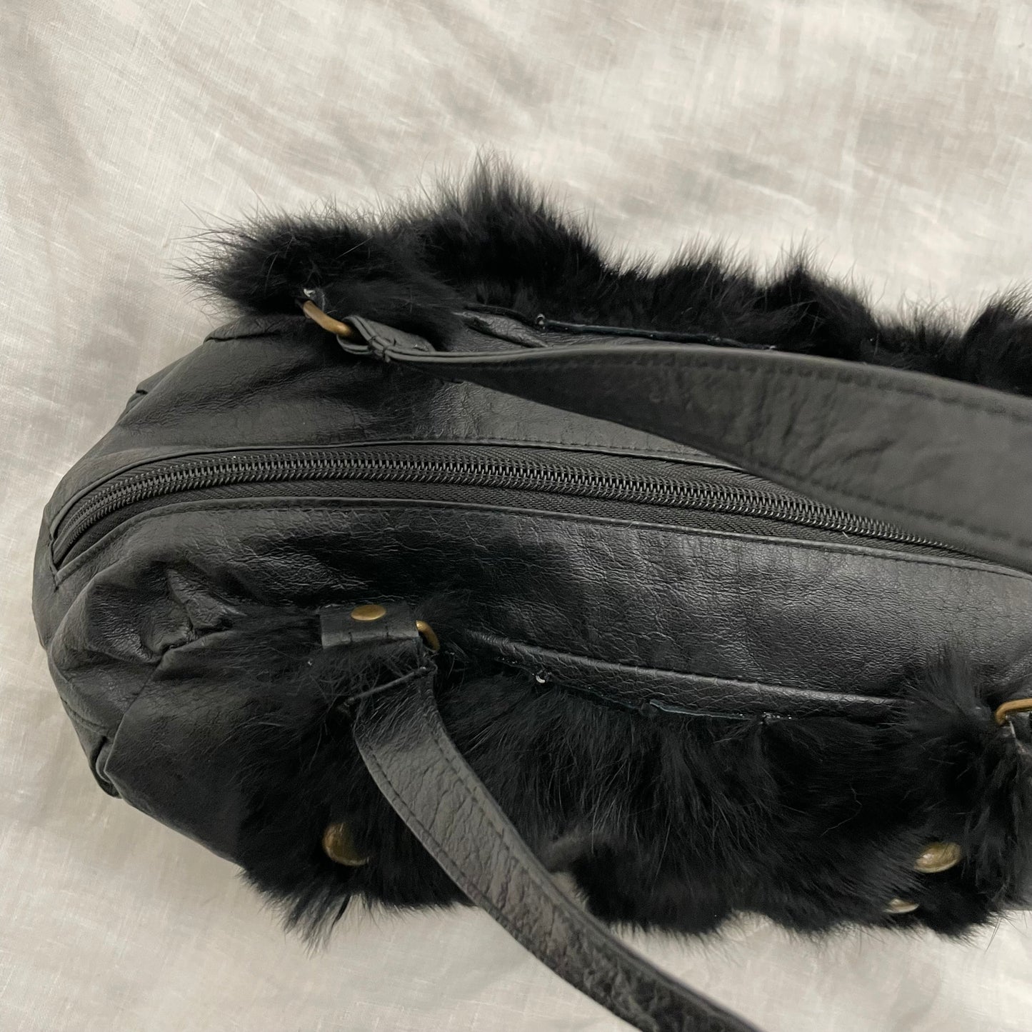 black fur faux leather shoulder bag
