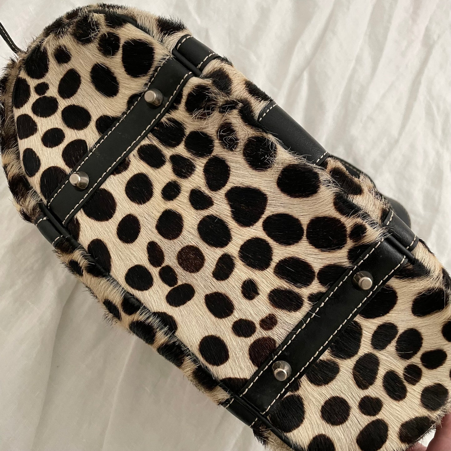 vintage gaia's leather pony hair dalmatian print shoulder bag with buckle detail