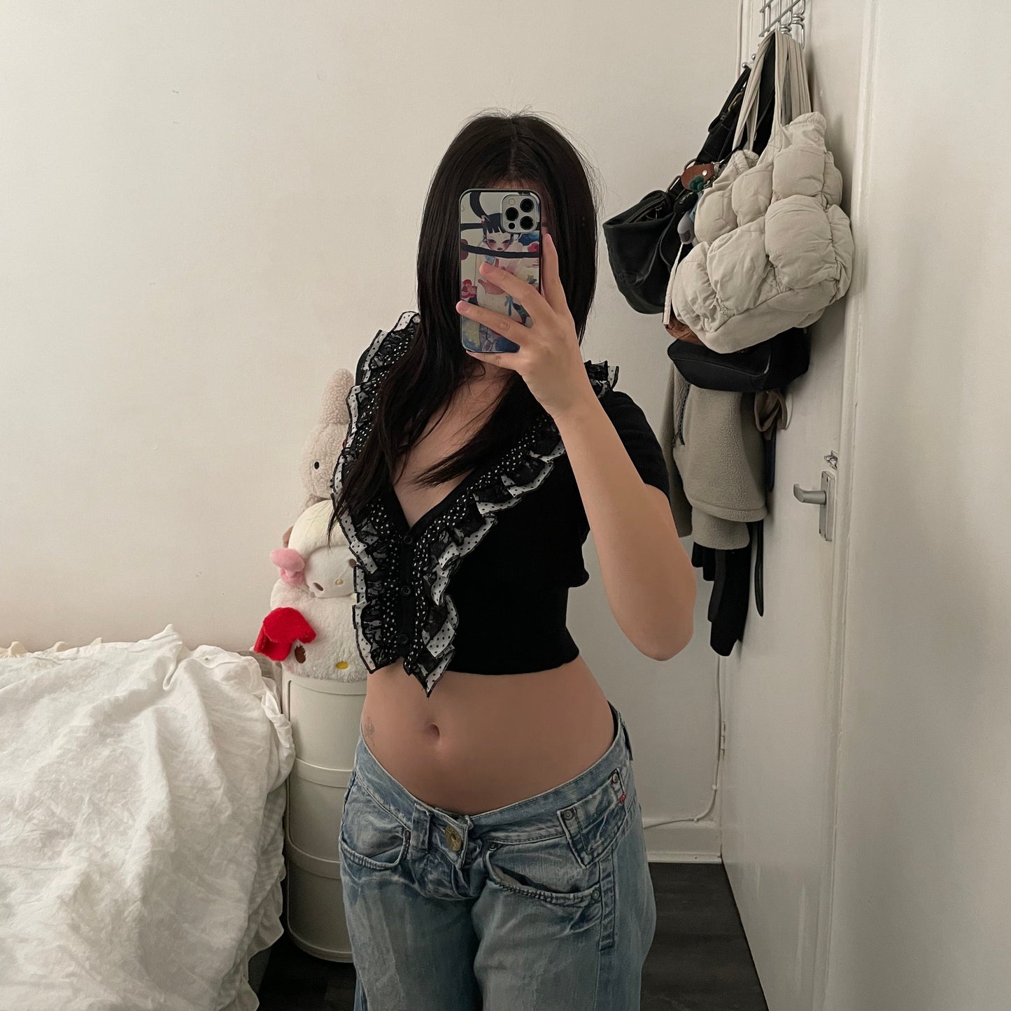 puerco espin ruffle black crop short sleeve cardigan top