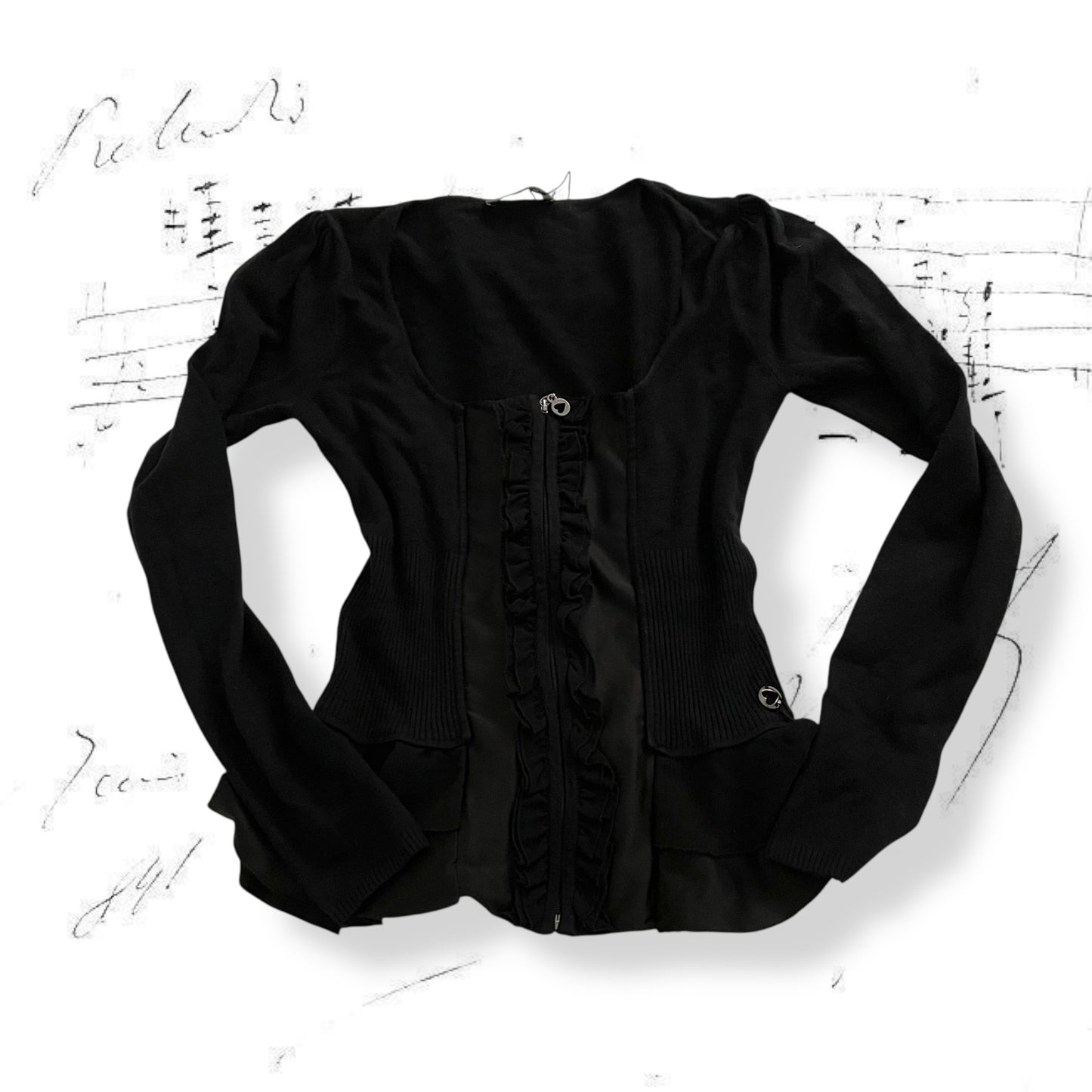 morgan de toi black frilly ruffle hem zip fitted long sleeve top