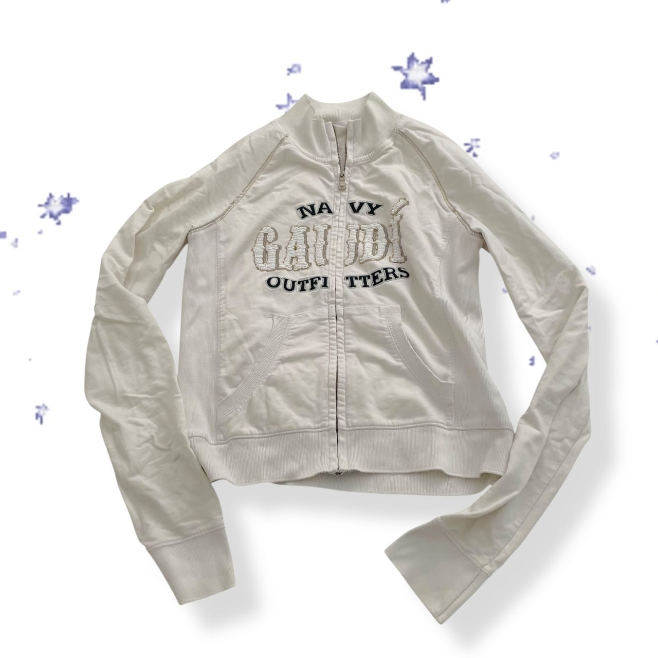 vintage gaudi white long sleeve zip jacket with beaded embroidery text