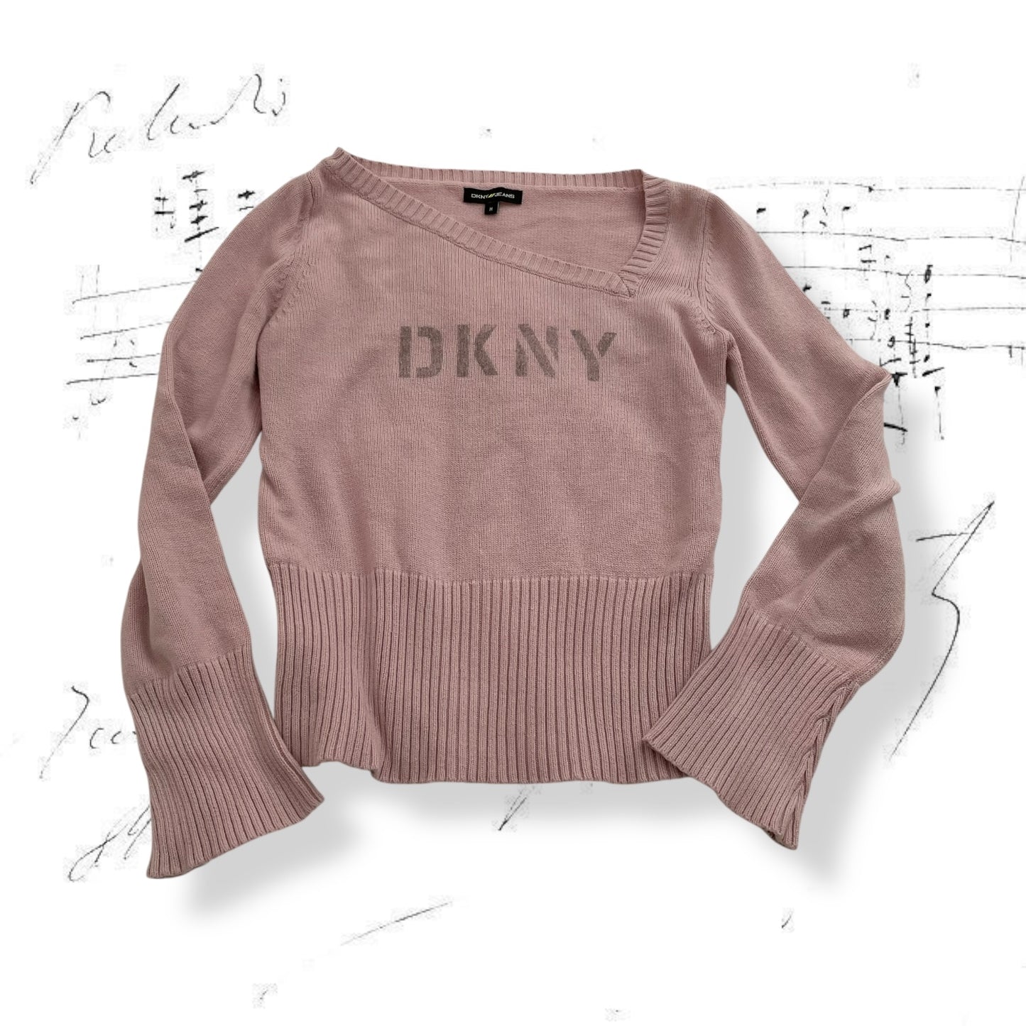 dkny baby pink long sleeve cinched hem ribbed knit top
