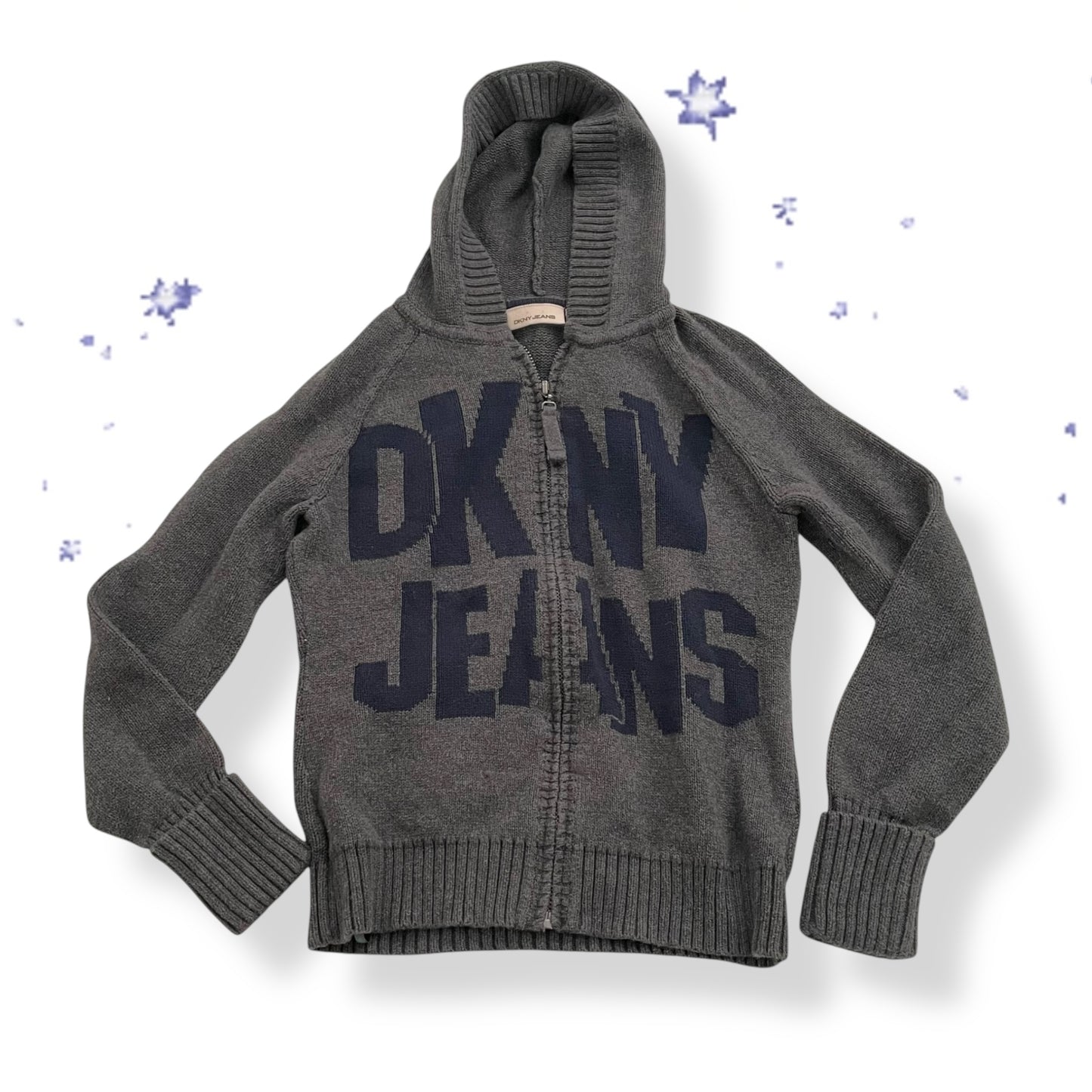 grey dkny jeans long sleeve zip knit hoodie jacket with large navy print