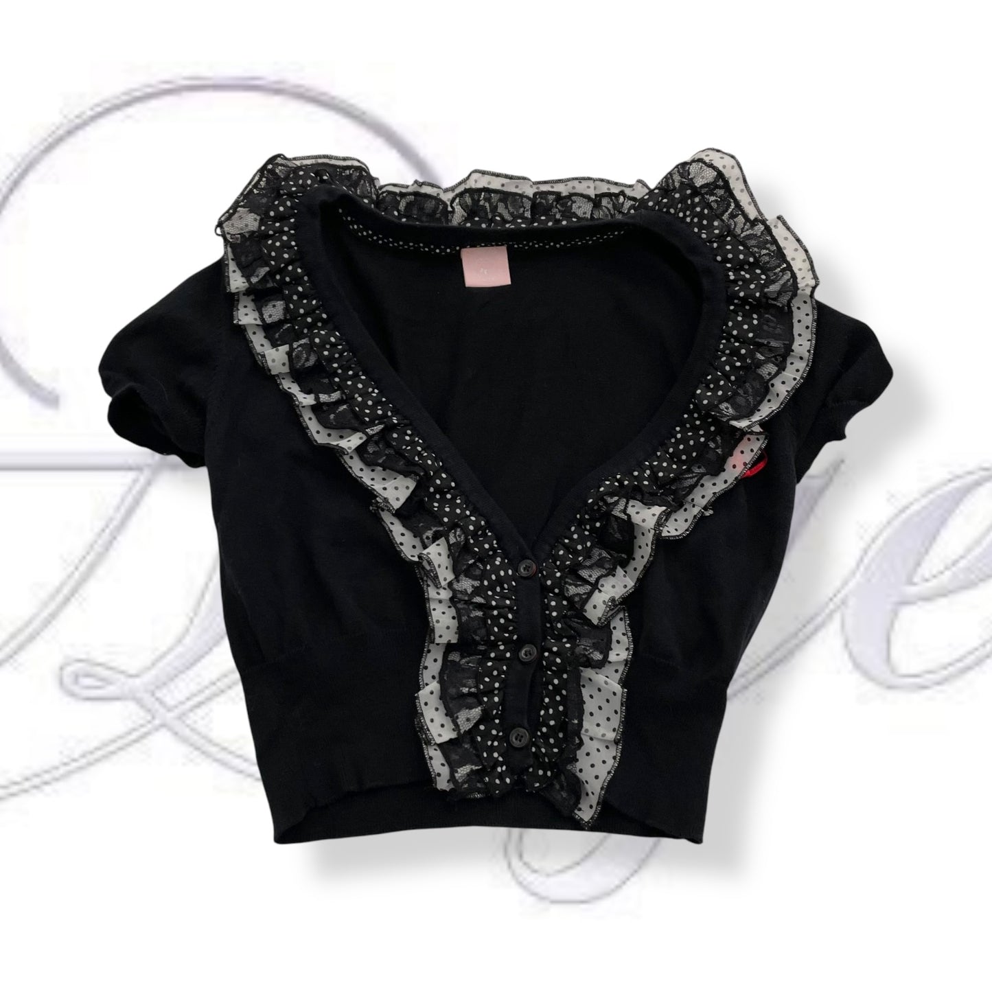 puerco espin ruffle black crop short sleeve cardigan top