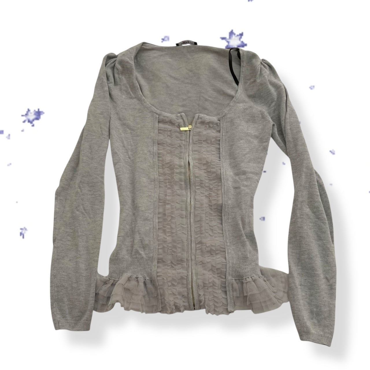 morgan de toi layered grey faux cardigan + ruffle blouse two in one corset style top