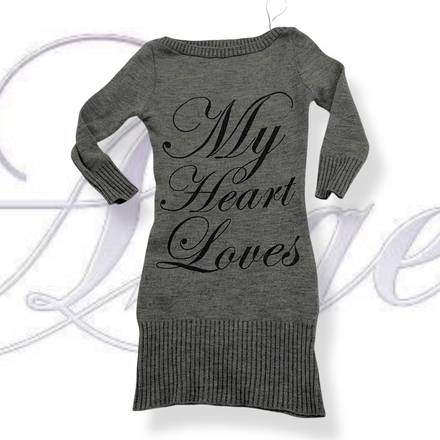 jane norman grey long sweater dress with italic text