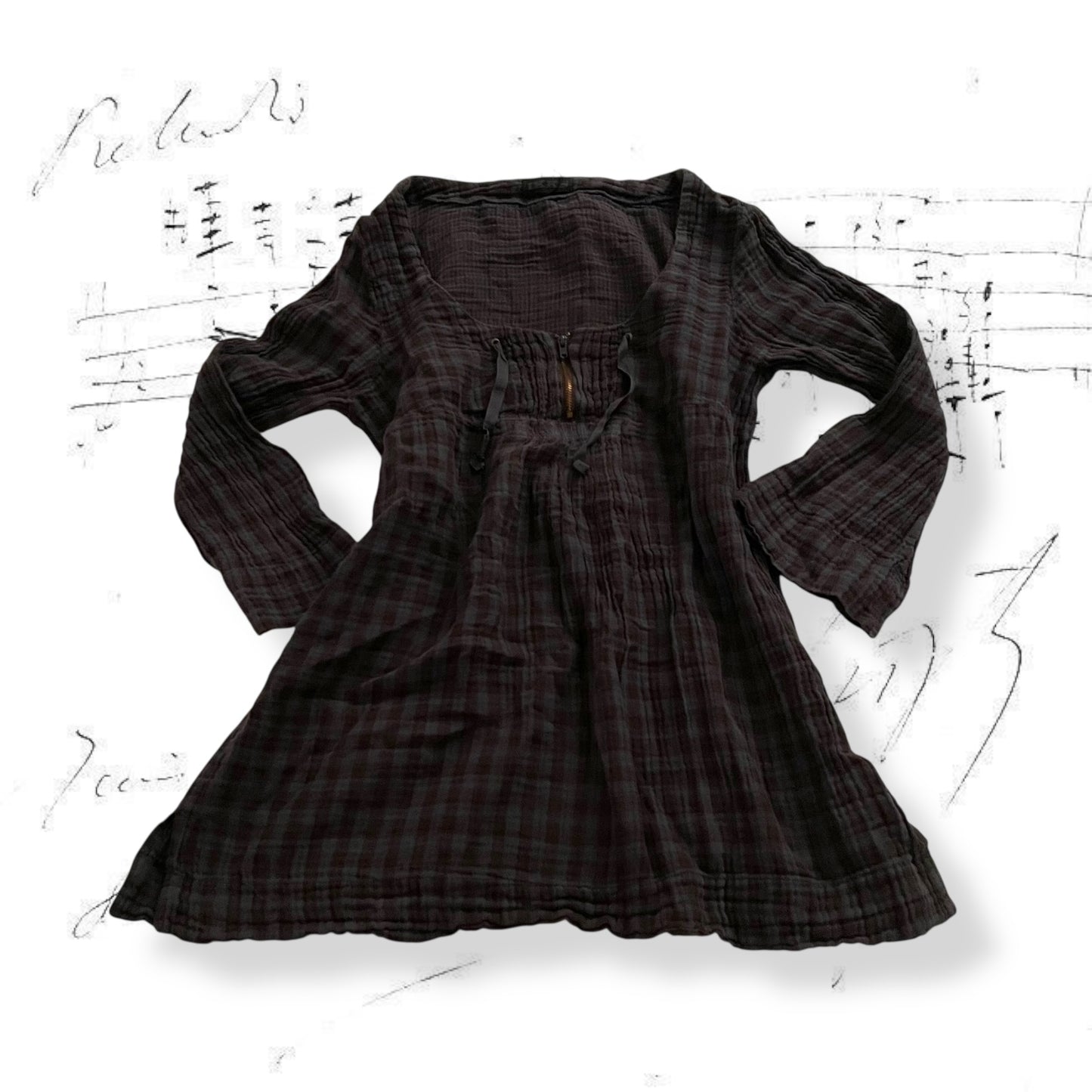 ikks blue brown plaid babydoll 3/4 sleeves pleated tunic blouse