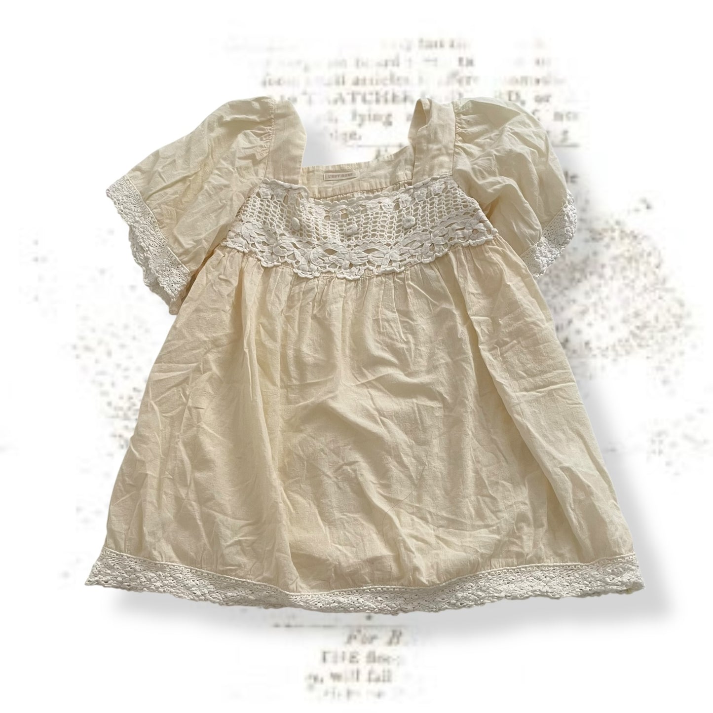 coquette butter yellow cream l'est rose white crochet lace puff sleeve flared babydoll tunic