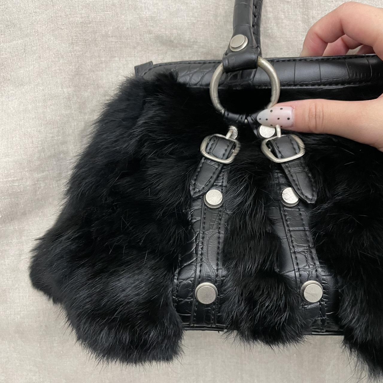 ined black fluffy rabbit fur x leather shoulder bag