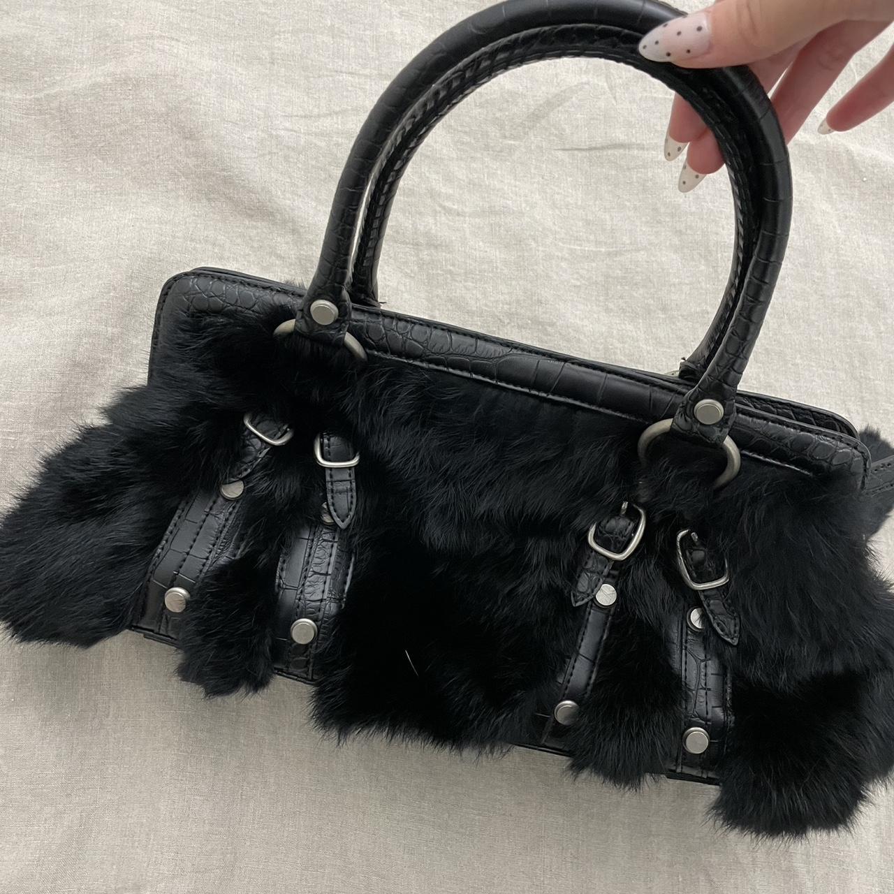 ined black fluffy rabbit fur x leather shoulder bag