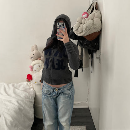 grey dkny jeans long sleeve zip knit hoodie jacket with large navy print