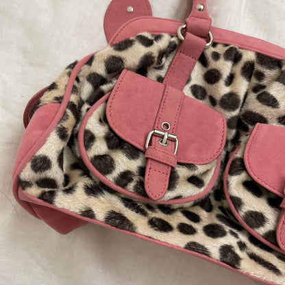 y2k gyaru vintage pink suede like x beige brown dalmation print fur shoulder bag