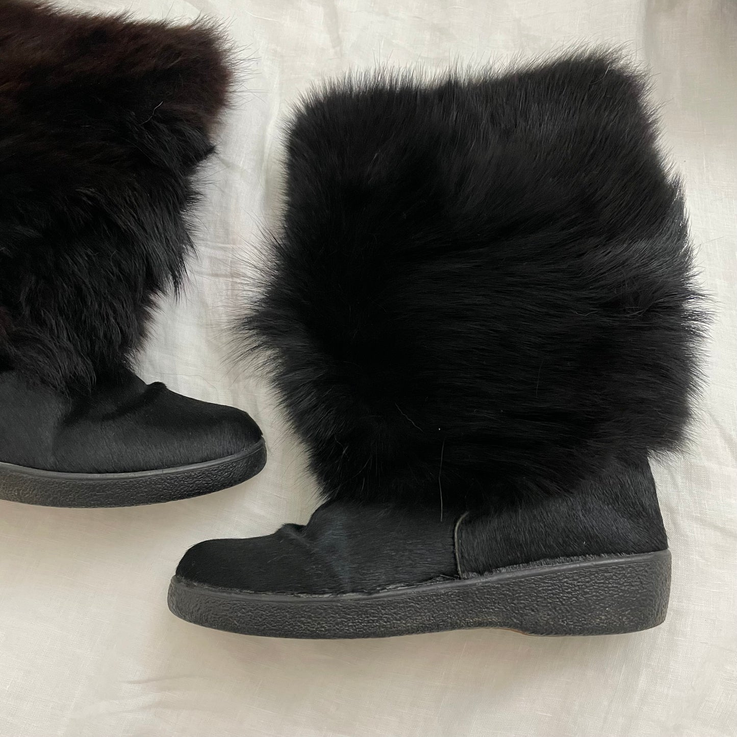 vintage fluffy taiga fur snow boots with pony hair detail + shearling inside