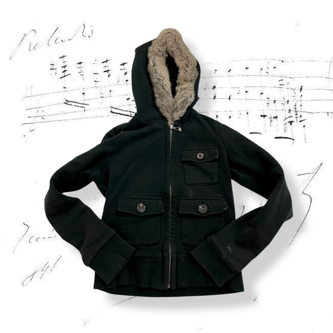 burberry blue label black zip jacket with multi pocket detail and rabbit fur hood trim