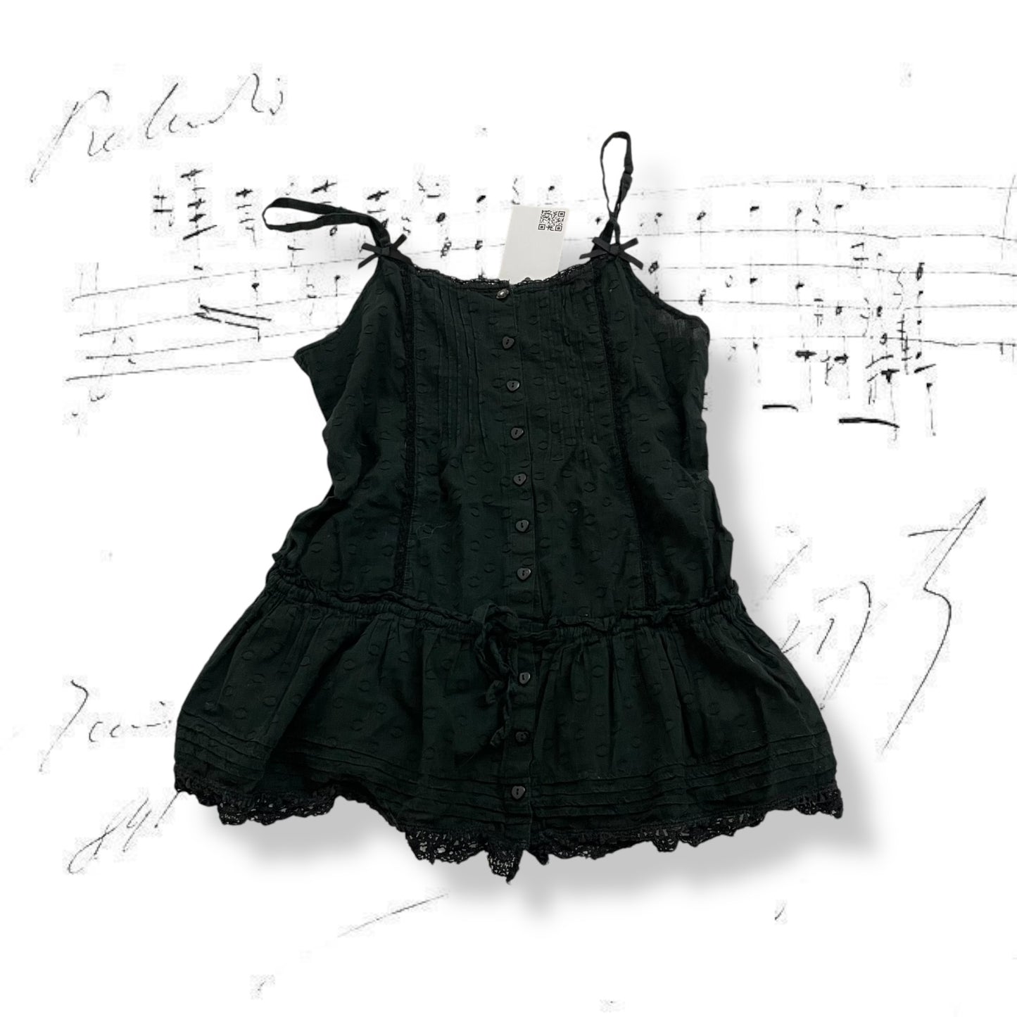 mezzo piano black peplum hem babydoll camisole with bow and lace detail