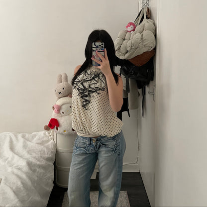 axes femmes cream polka dot ruffle collar blouson vest top