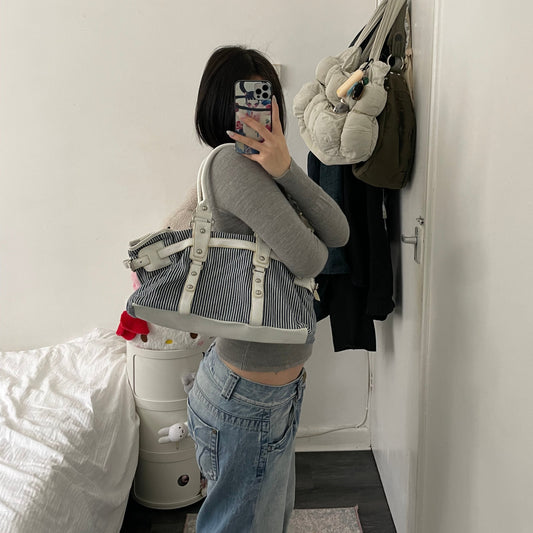 eurosummer beachy striped blue white leather buckle shoulder bag
