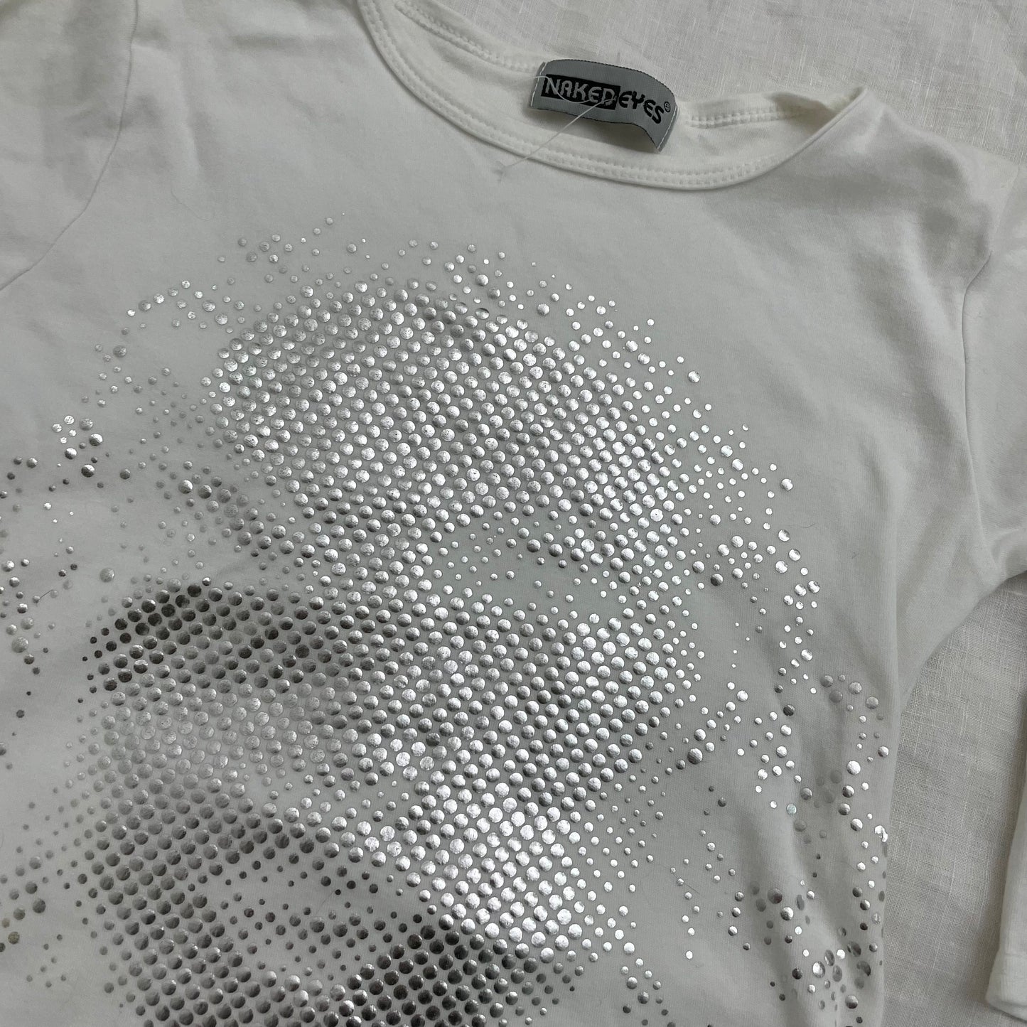 vintage naked eyes white silver pixel print 3/4 sleeve fitted shirt