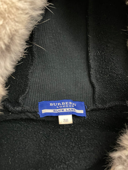 burberry blue label black zip jacket with multi pocket detail and rabbit fur hood trim