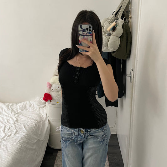 no excuse preppy polka dot ruched sleeve milkmaid style blouse top