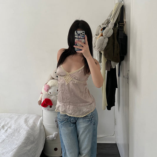 dainty romantic jill stuart silk pink babydoll camisole with beige lace detailing