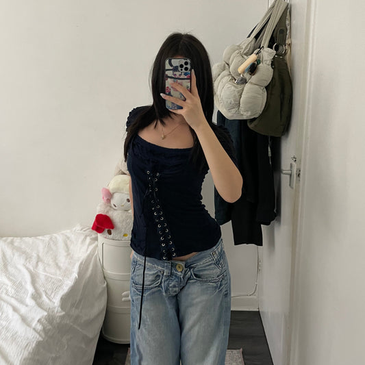 armand thierry navy puff sleeve bustier corset lace up style milkmaid top