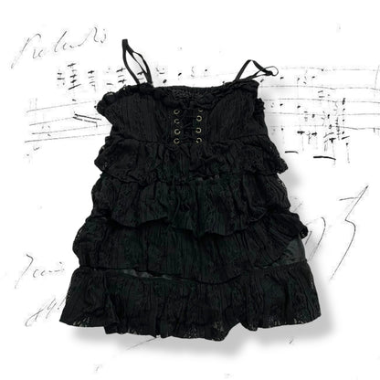 black lacey ruched bust ruffle tiered mini dress with lace up detail