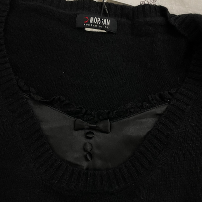 preppy morgan de toi wool blend black puff sleeve knit + faux lacey inner camisole layer