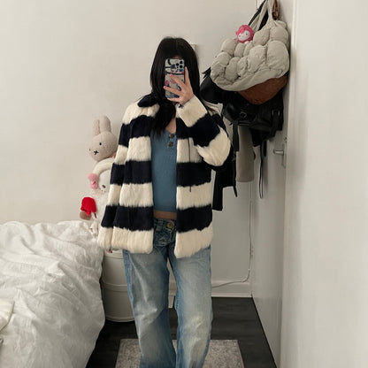 bape bapy tall line black white striped rabbit fur reversible jacket