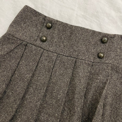 vintage brown preppy wool blend pleated mini skirt with brassy sailor button detail