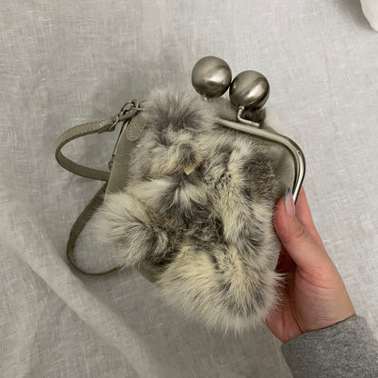 vintage white grey rabbit fur x greige suede crossbody mini clutch bag with silver hardware