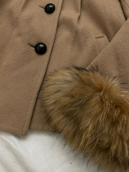 vintage cynthia rowley tan brown wool bow fur trim duffle coat