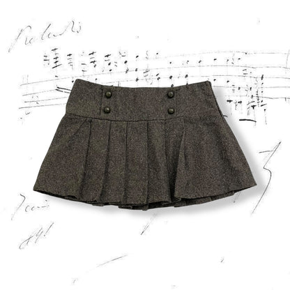 vintage brown preppy wool blend pleated mini skirt with brassy sailor button detail