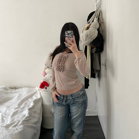 burberry blue label beige frilly ruffle long sleeve wool knit top