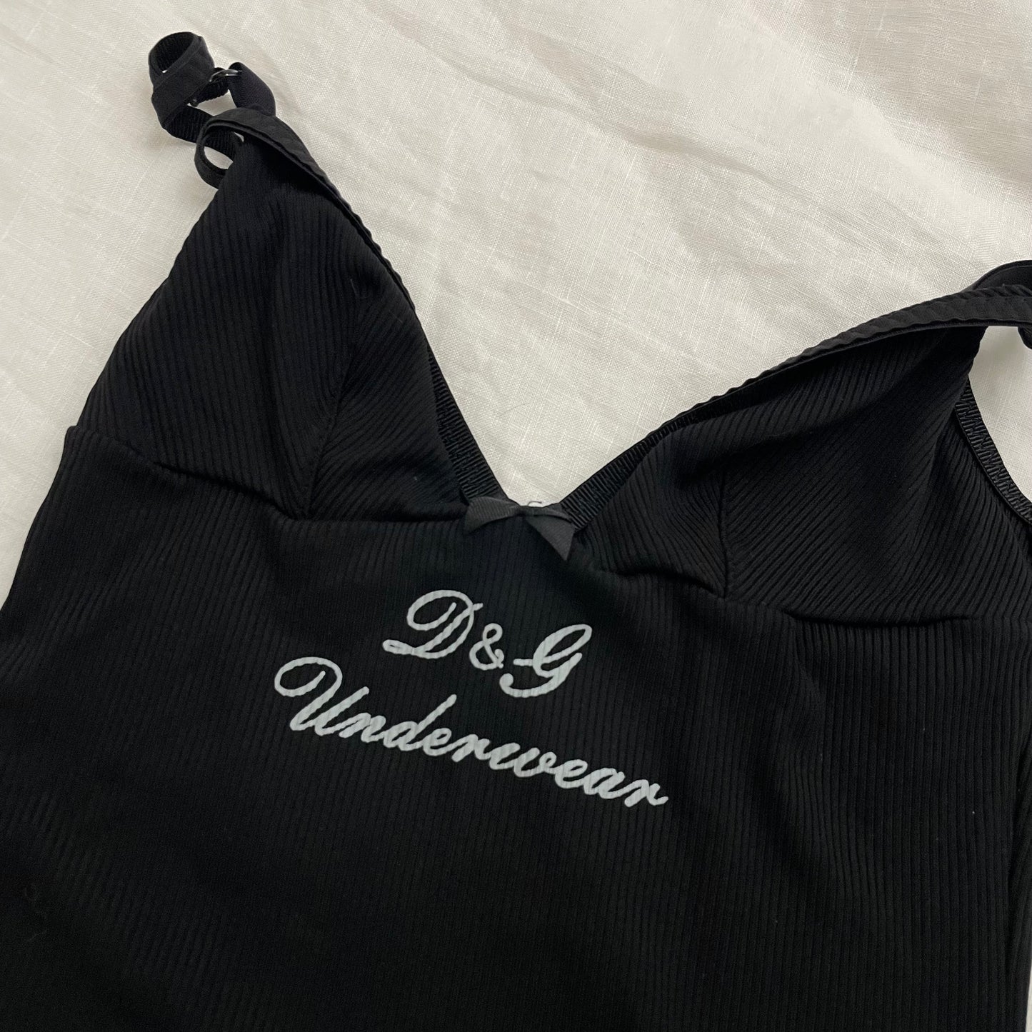 dolce & gabanna (d&g) black dark coquette bustier babydoll camisole with white italic text and cute bow charm