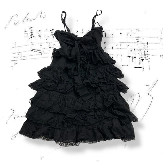 vintage cristinaeffe romantic balletcore black tiered ruffle cotton mini dress with lacey detailing