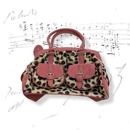 y2k gyaru vintage pink suede like x beige brown dalmation print fur shoulder bag