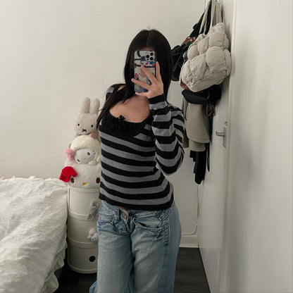 promod black grey striped lacey milkmaid style ruched bust long sleeve knit