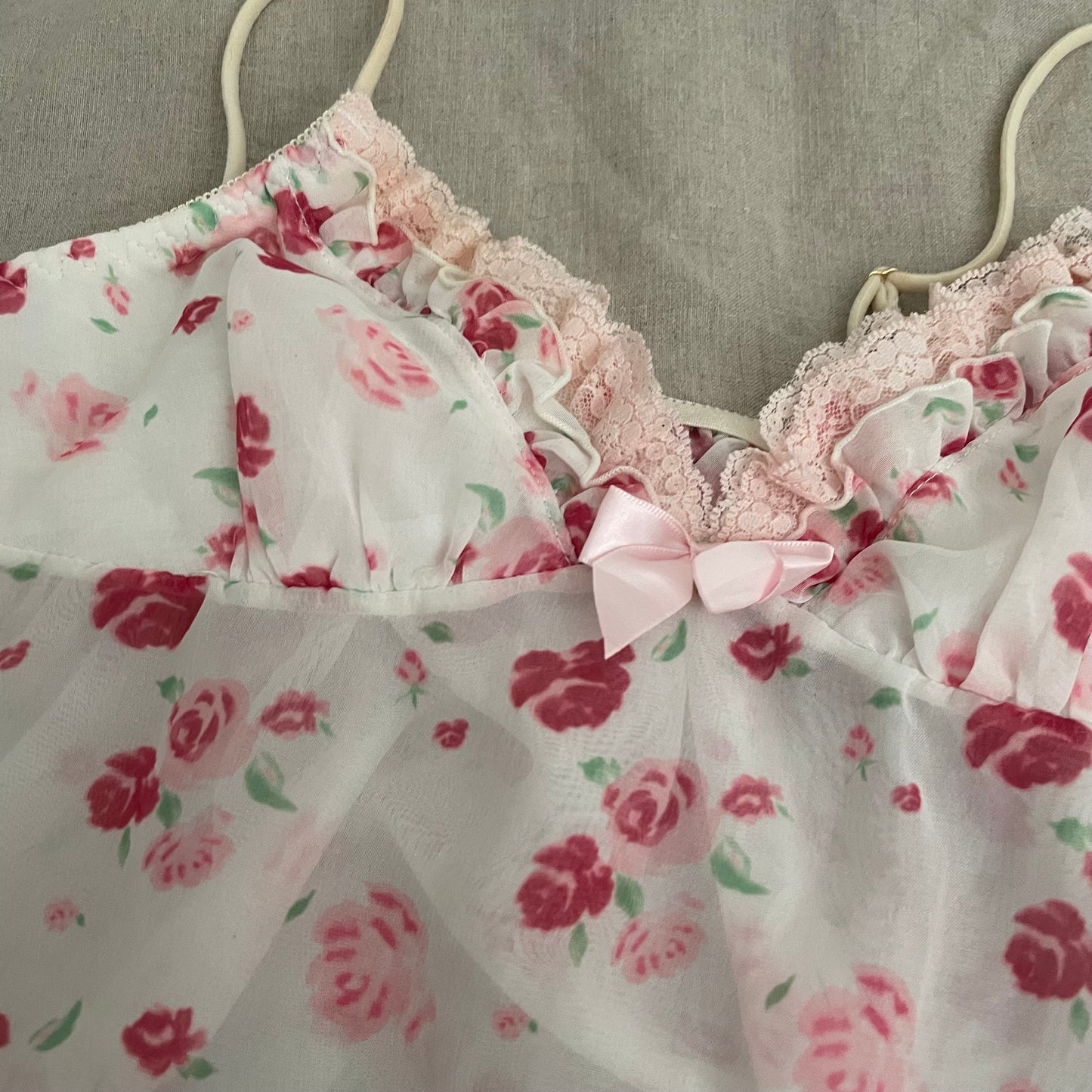 coquette y2k floral print pink ruffle white sheer babydoll camisole