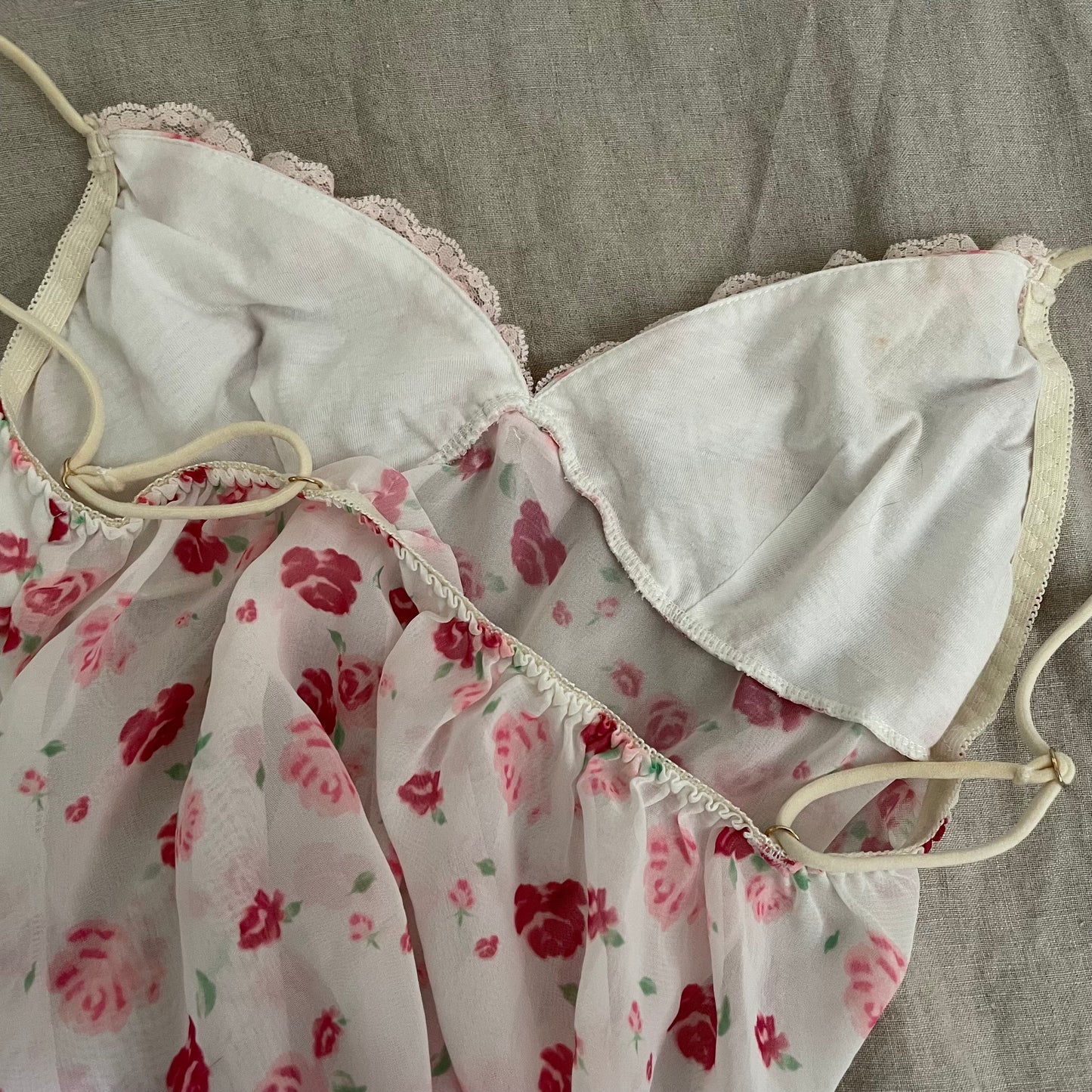 coquette y2k floral print pink ruffle white sheer babydoll camisole