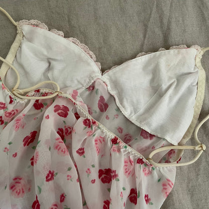 coquette y2k floral print pink ruffle white sheer babydoll camisole