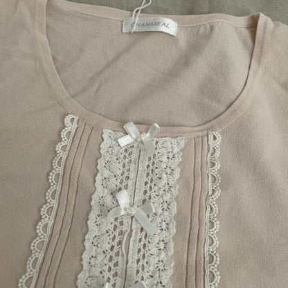 coquette dollette chanmeal beige pink white lacey bow short sleeve top